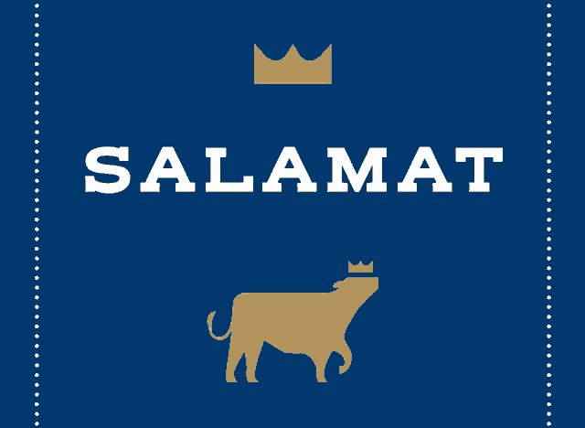 a blue sign with the word salamat and a cow with a crown