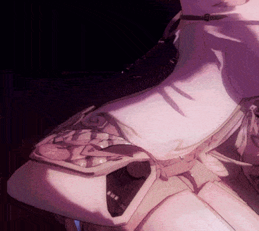 a close up of a woman 's torso with a purple swirl on it