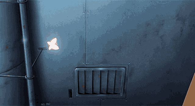 a blue wall with a butterfly on it