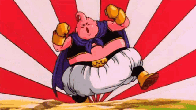 a cartoon character is flying through the air with a red and white background .