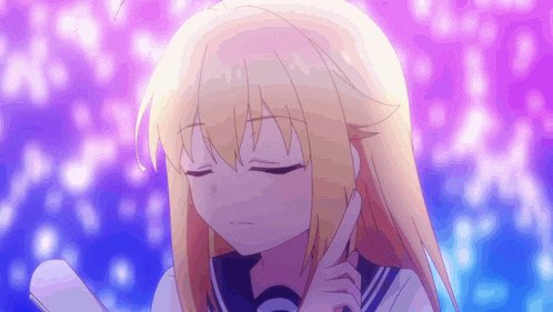 a blonde anime girl with her eyes closed and her hand on her chin .