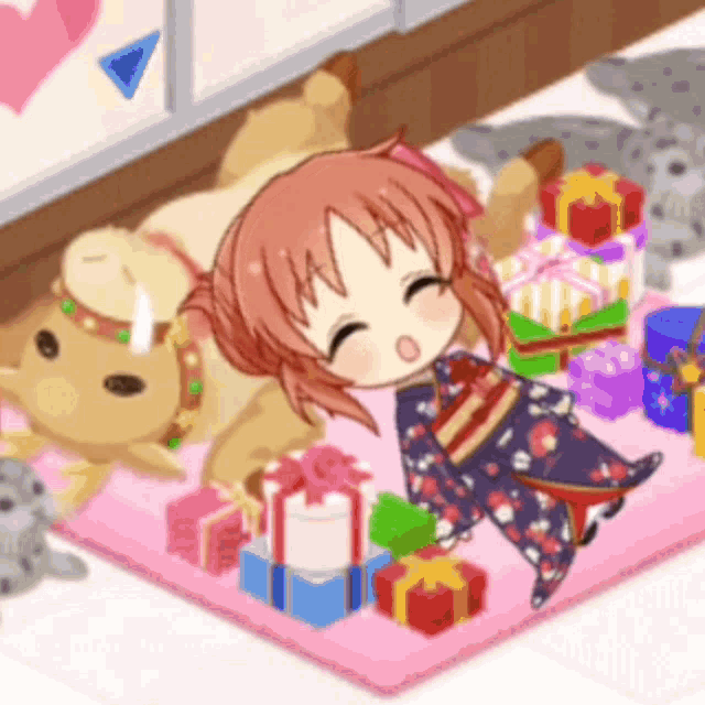 a girl in a kimono is laying on a rug with gifts and a stuffed animal