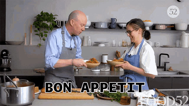 a man and a woman in a kitchen with the words bon appetit on top