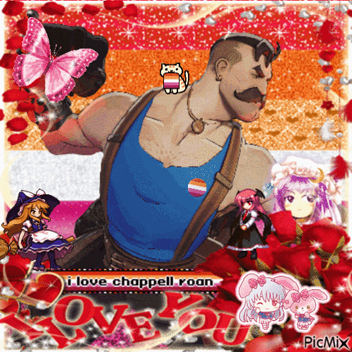 a man in a blue tank top is surrounded by anime characters and the words i love chappel roan