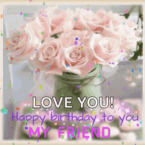 a birthday card with a vase of pink roses and confetti