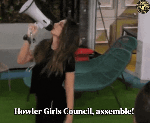 a woman holding a megaphone with the words howler girls council assemble