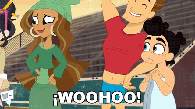 a group of cartoon characters standing next to each other with the words woohoo on the bottom