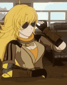 a cartoon of a girl with yellow hair and black sunglasses