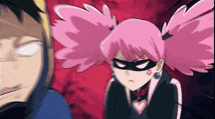 a girl with pink hair is wearing a mask while standing next to a man