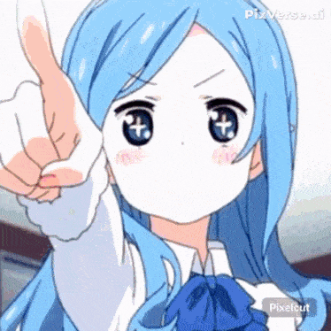 a blue haired anime girl is pointing her finger at the camera