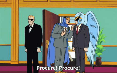 a cartoon of a man in a blue cape says procure procure