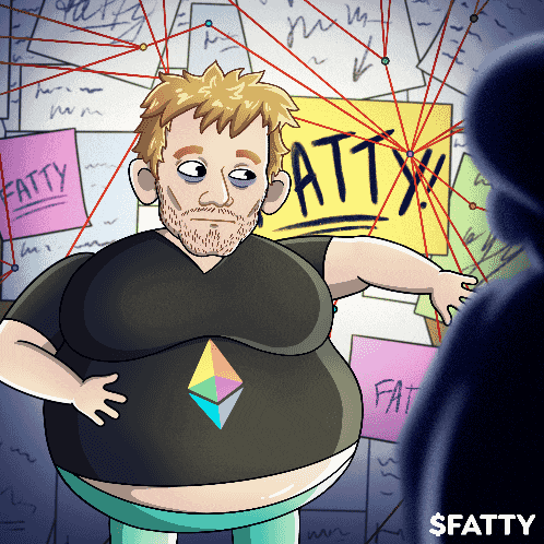 a fat man stands in front of a wall with a sign that says fatty on it