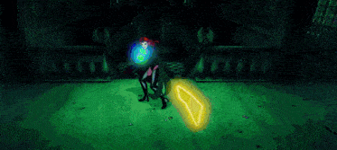 a woman with red hair is standing in a dark room with a glowing cross in the background .
