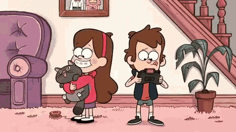 a girl is holding a cat while a boy is holding a camera .