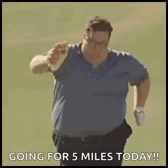 a fat man is running on a field with the words `` going for 5 miles today '' .