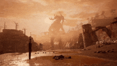 a video game scene with a giant statue in the background