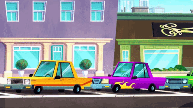 a yellow and purple car are parked on the side of the road