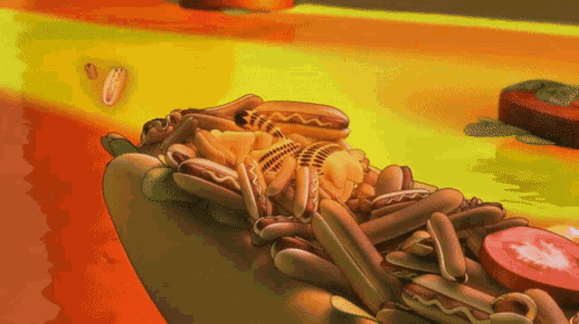 a bunch of hot dogs and french fries are on a bun