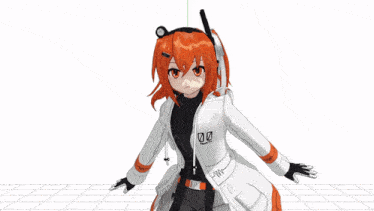 a 3d model of a girl with orange hair is wearing a white jacket and a black shirt that says go