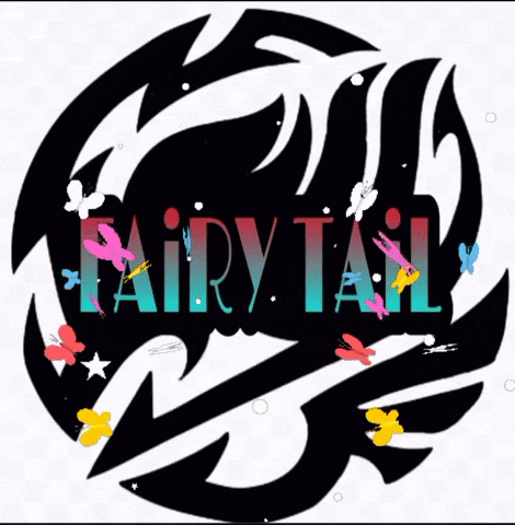 a logo for fairy tail with butterflies and stars around it