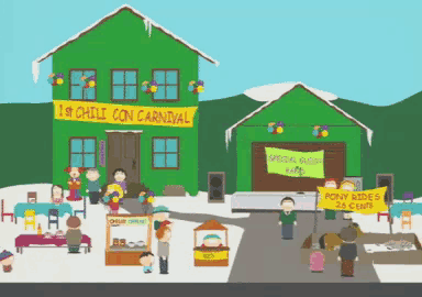 a cartoon scene with a sign that says 18 chili con carnival on it