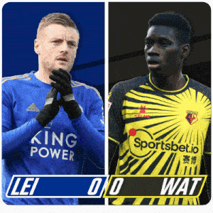two soccer players one wearing a blue king power jersey and the other wearing a sportsbet.io jersey