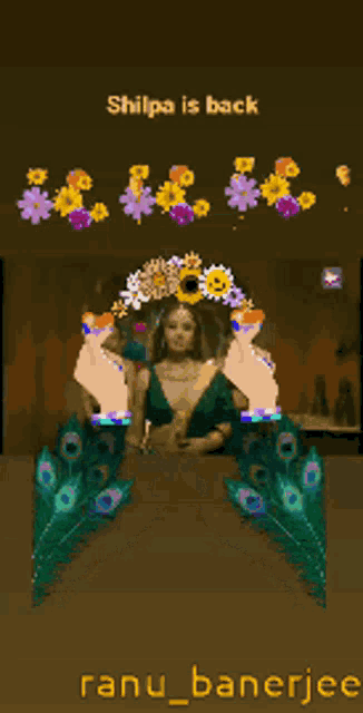 a picture of a woman with peacock feathers and the words shilpa is back on the bottom