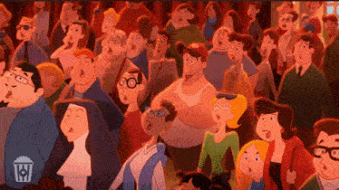 a crowd of people are watching a movie with a popcorn bucket in the background