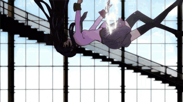 two anime girls are falling from a staircase