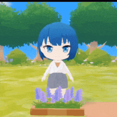 a cartoon girl with blue hair is standing next to purple flowers