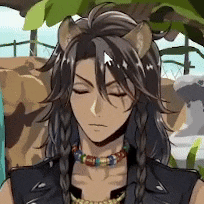 a close up of a person wearing a necklace and a braided haircut with their eyes closed .