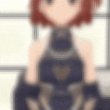 a blurry picture of a girl with red hair wearing a blue dress