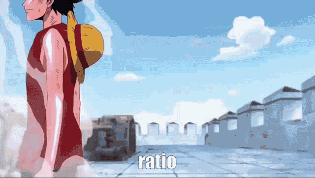 a man with a monkey d luffy hat is standing in front of a building with the word ratio written on the ground .