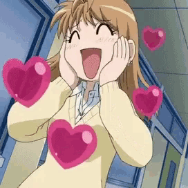 a girl with pink hearts on her chest is making a face