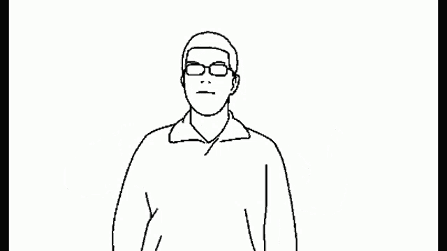 a black and white drawing of a man wearing glasses and a sweater is dancing .