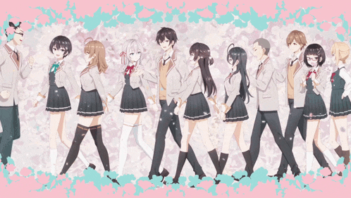 a group of anime characters standing in a row with the letter x visible in the middle