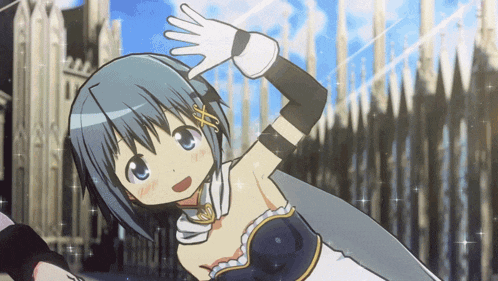 a cartoon girl with blue hair and white gloves waves her hand