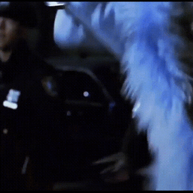 a police officer is standing next to a woman in a blue fur coat