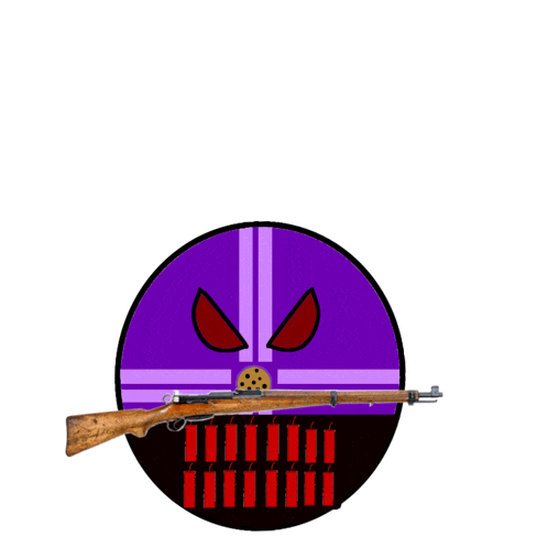 a purple circle with a cartoon face and a rifle in the middle