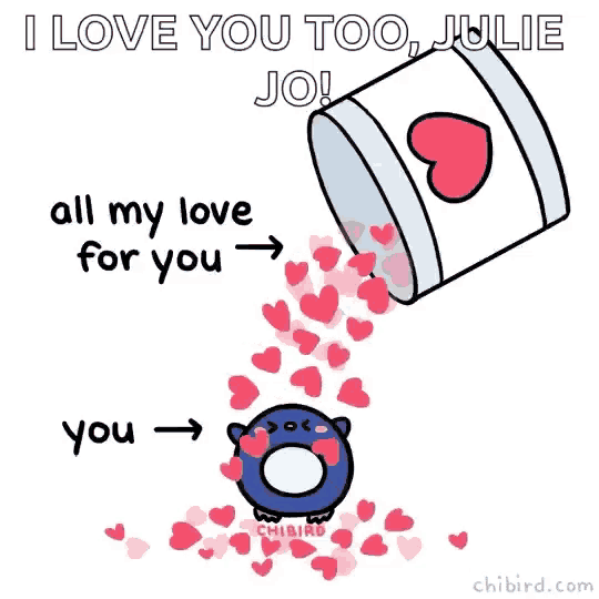 a penguin is pouring hearts into a bucket that says " i love you too julie "
