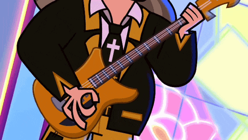 a cartoon character is playing a guitar and has a cross on his shirt