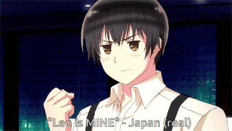 a boy in a white shirt says leo is mine japan