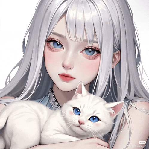 a girl with long white hair is holding a white cat