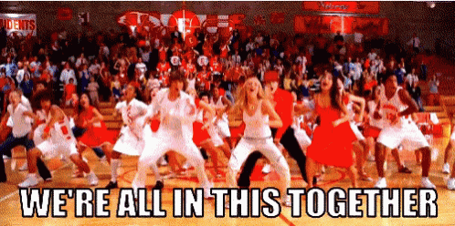 a group of people are dancing in a gym with the words " we 're all in this together "