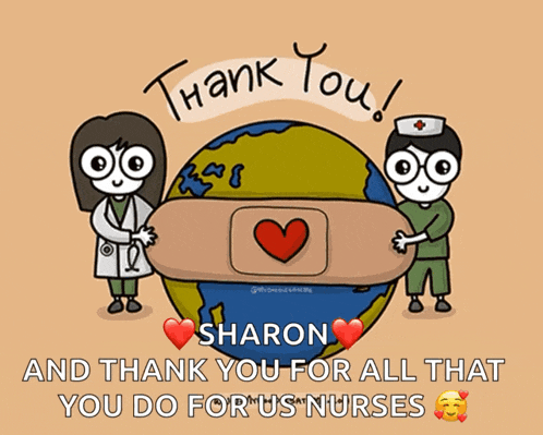a cartoon of a doctor and nurse saying thank you sharon and thank you for all that you do for us