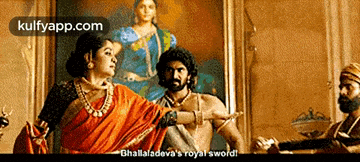 a painting of a man and a woman with a caption that says ' dhalladeva 's royal sword '