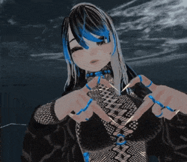 a girl with blue hair is giving a thumbs down sign