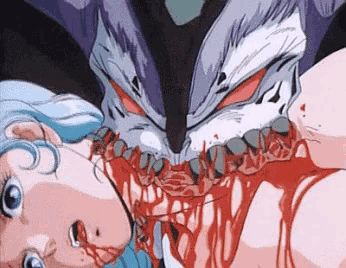 a cartoon drawing of a monster eating a woman