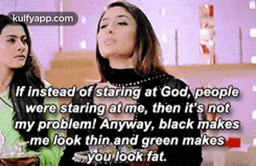 two women are standing next to each other and one of them is talking about staring at people .