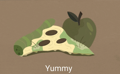 a cartoon character with the word yummy written below him